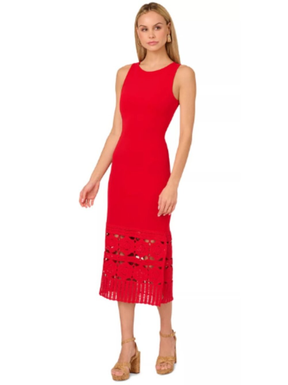 Adrianna Papell Red Knit Pencil Crochet Formal Evening Party Dress Size 2